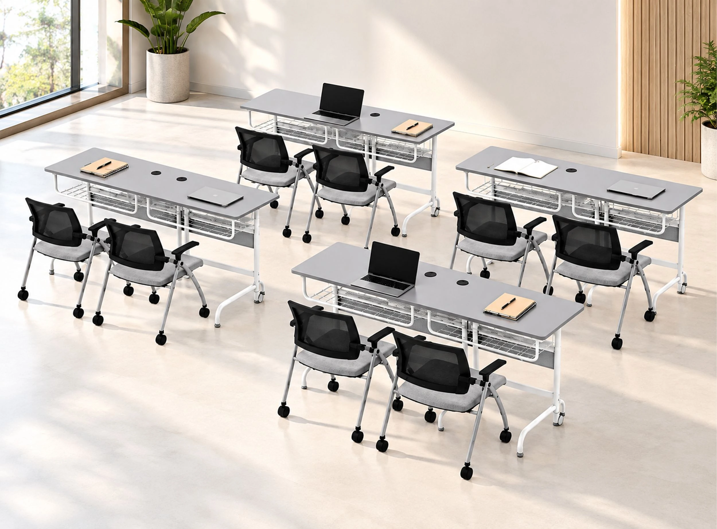 Training desks with laptops and chairs in a bright room