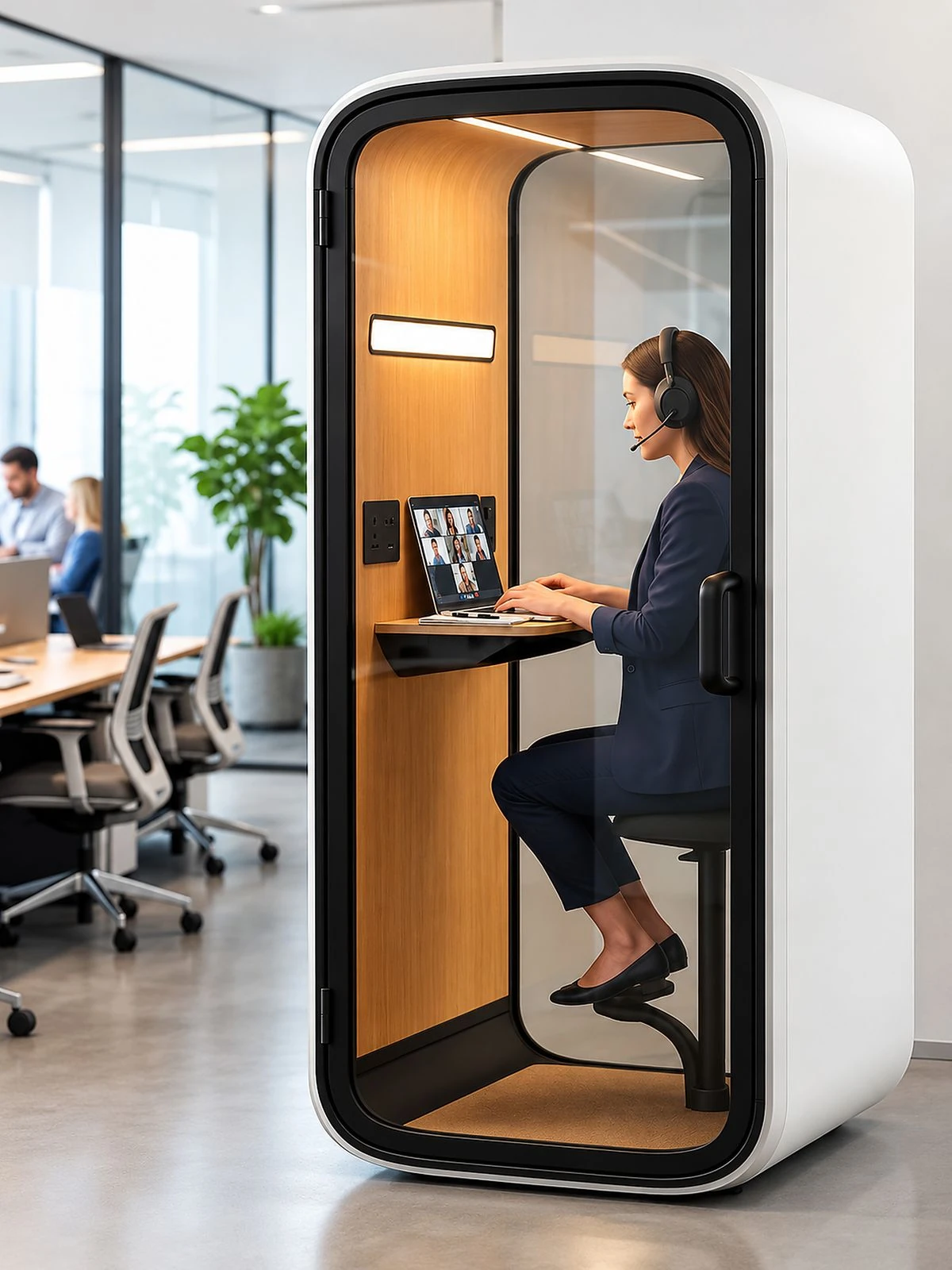 A phone booth with someone on a video call inside