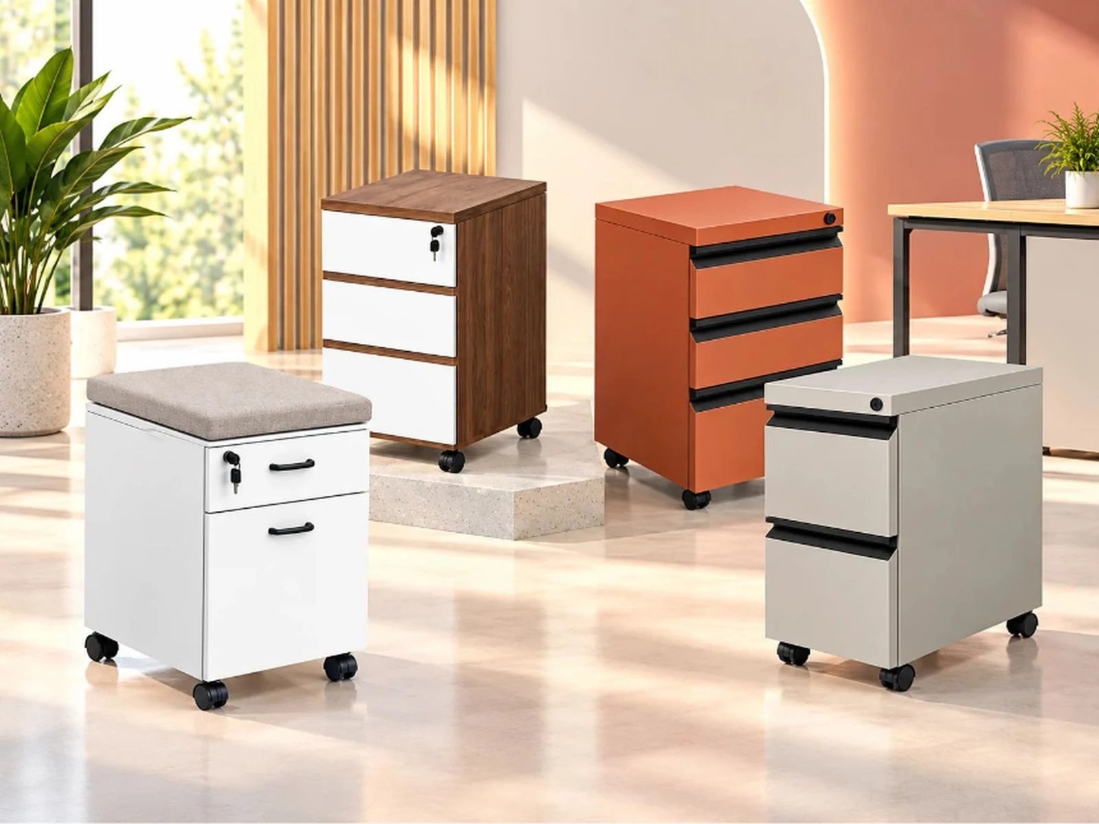 Mobile pedestals in white, walnut, orange and grey