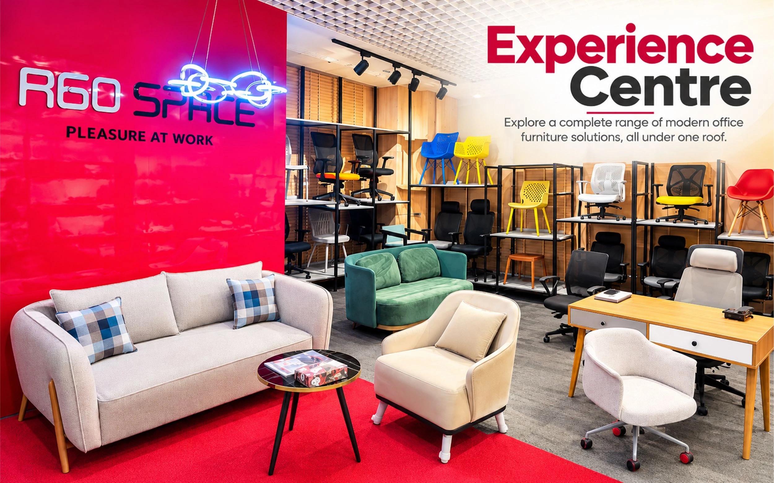 An ErgoSpace Experience Centre with sofas, chairs and a neon logo