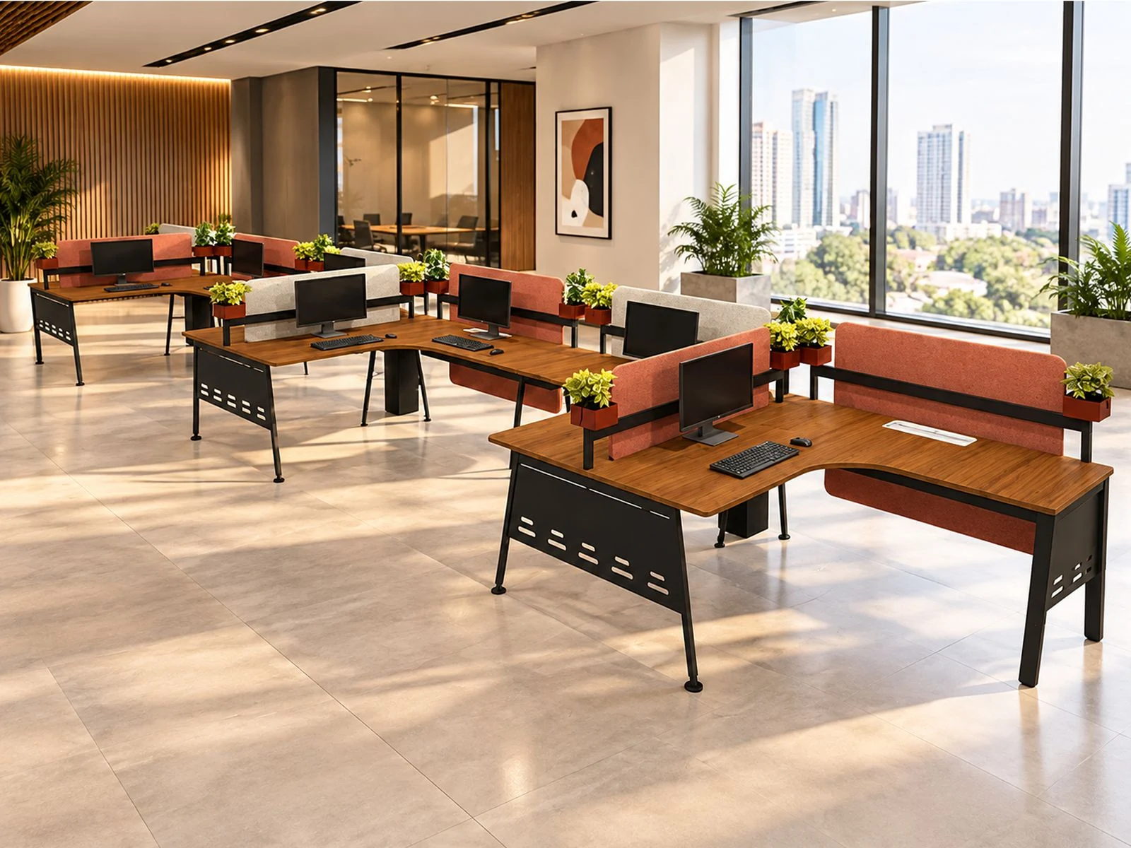 Rows of wooden workstations in a sunlit office
