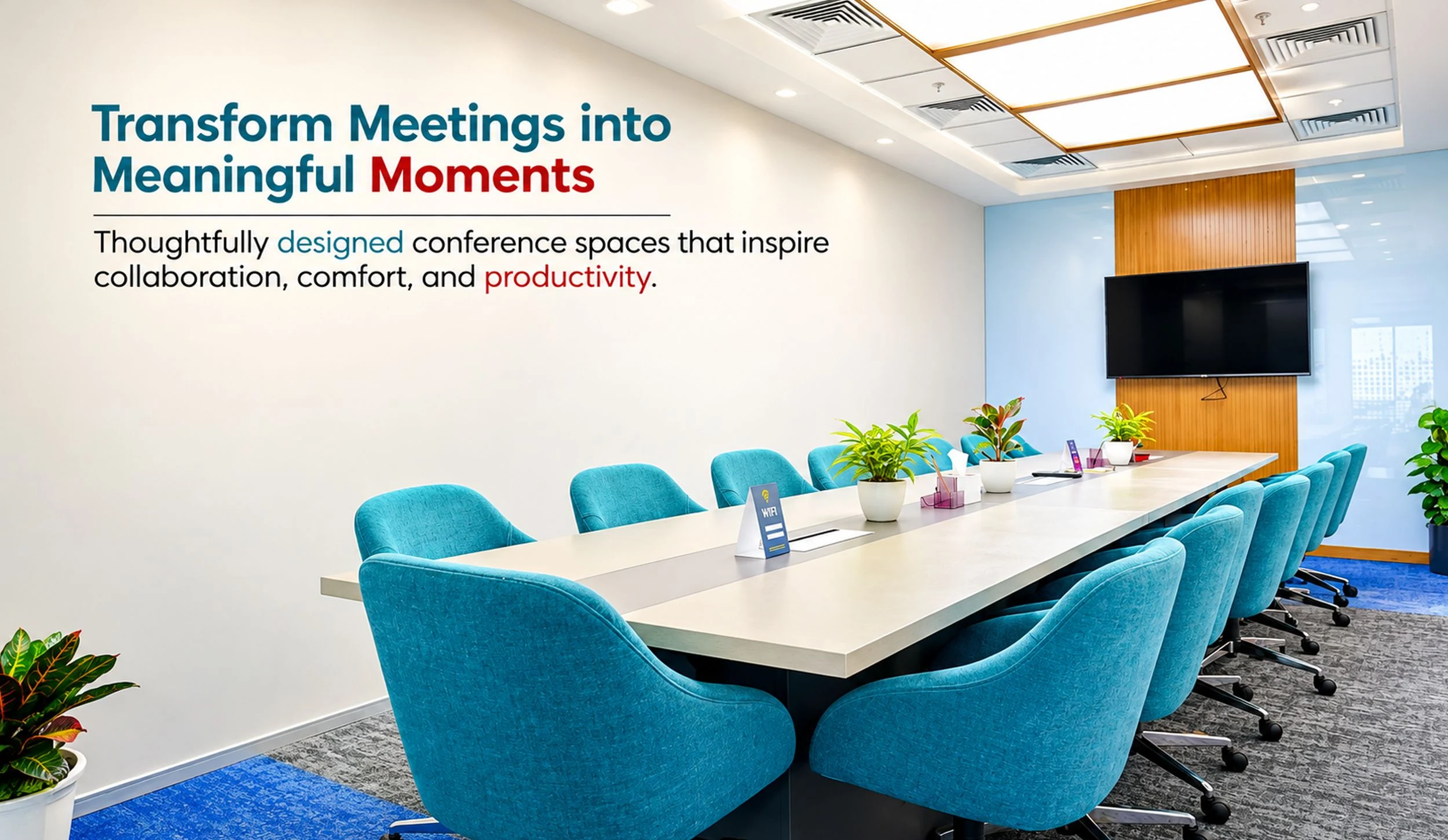A conference room with a long table and teal chairs