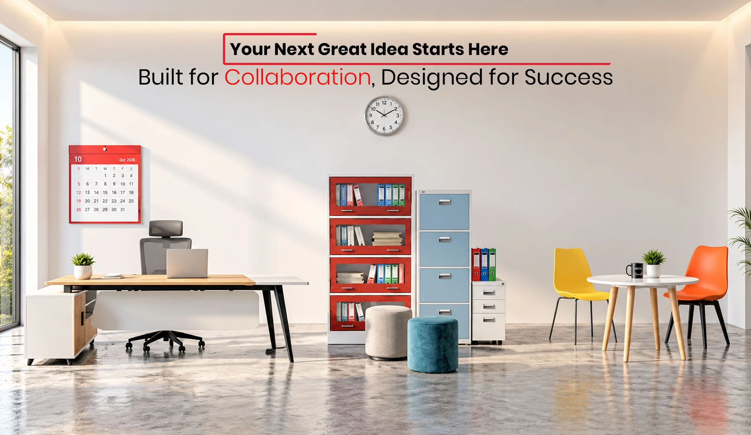 An office with a desk, storage cabinets and café chairs