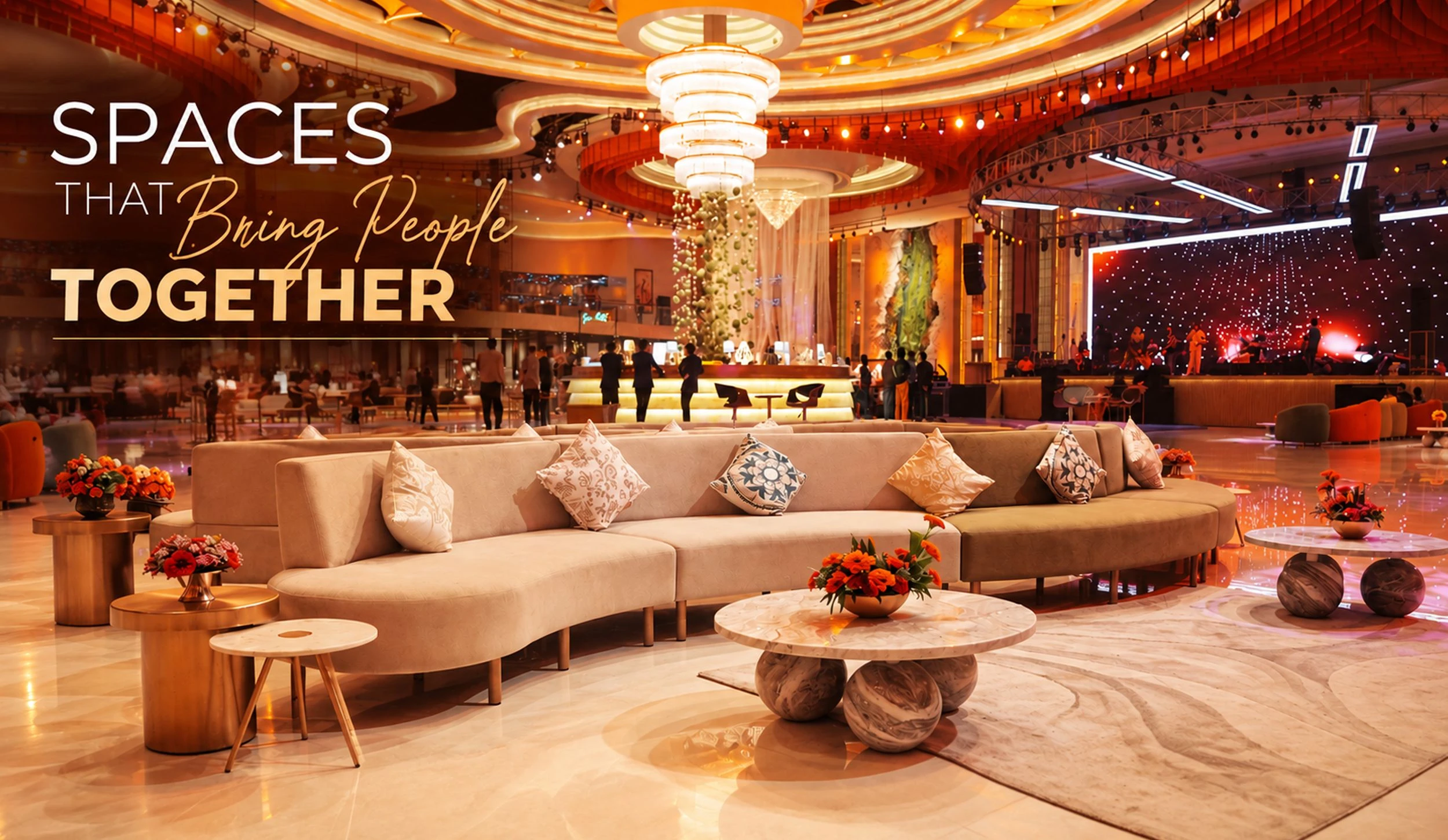 A hotel lounge with curved sofas and a chandelier