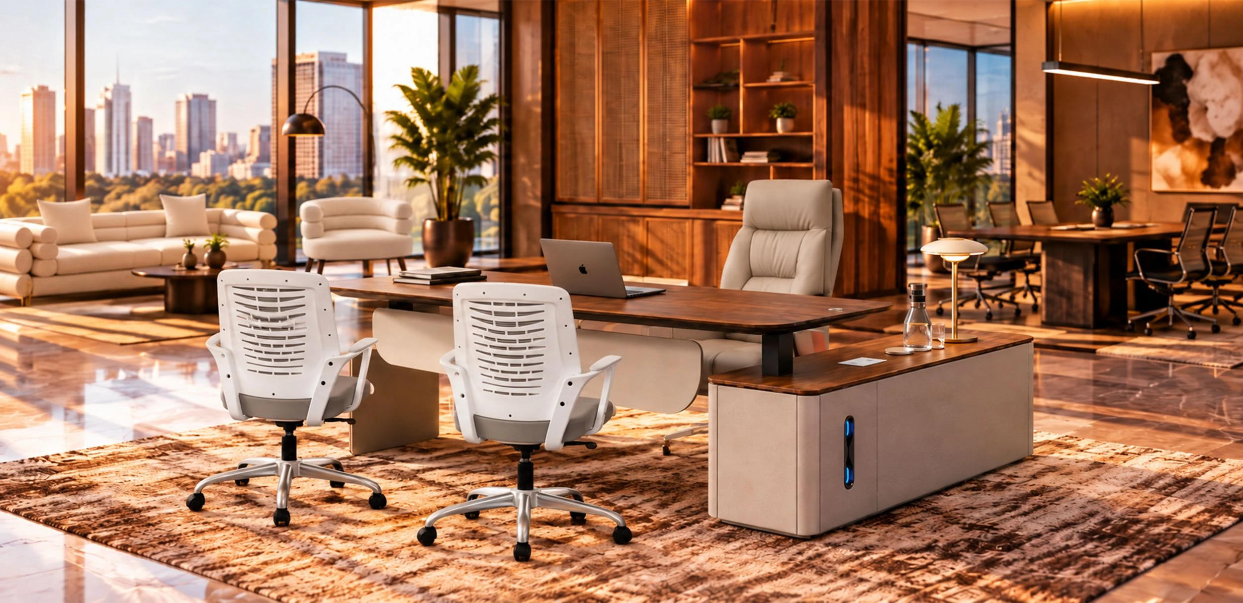 An executive cabin with a wooden desk, a high-back chair and two white mesh chairs, a lounge area with a sofa and an armchair, and a meeting table with mesh chairs