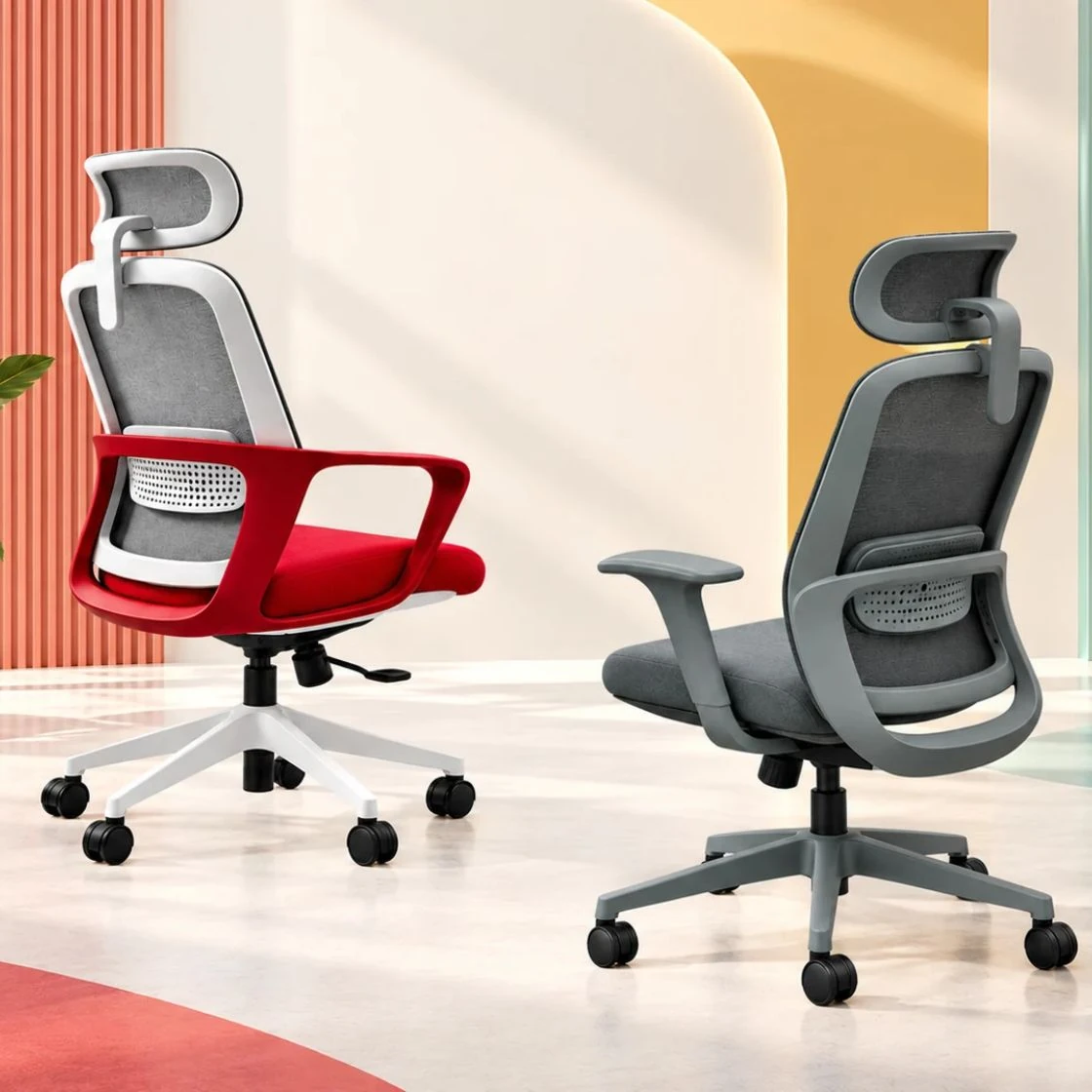 Two HOLA mesh task chairs, one red and one grey
