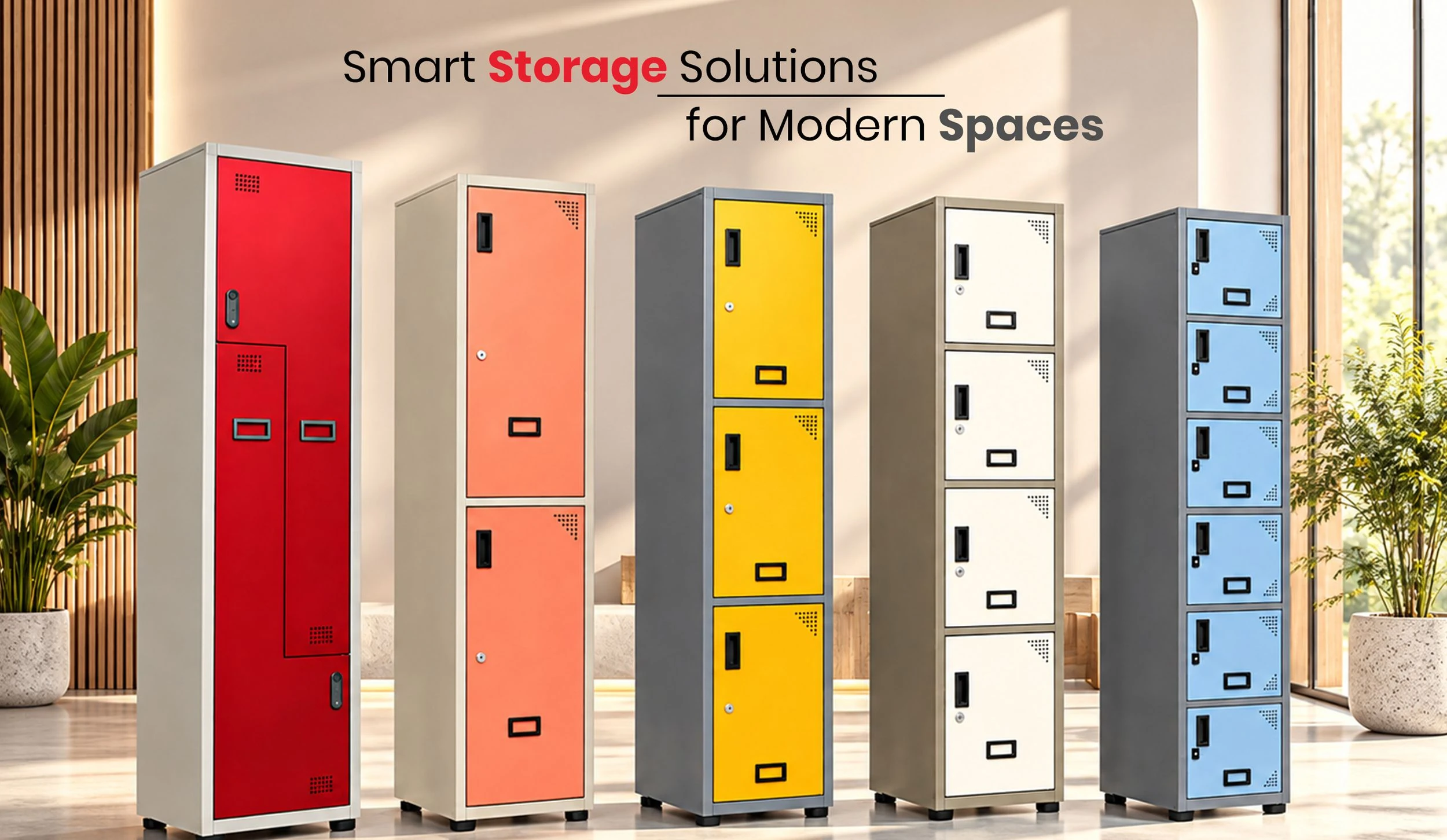 Storage lockers in red, coral, yellow, white and blue