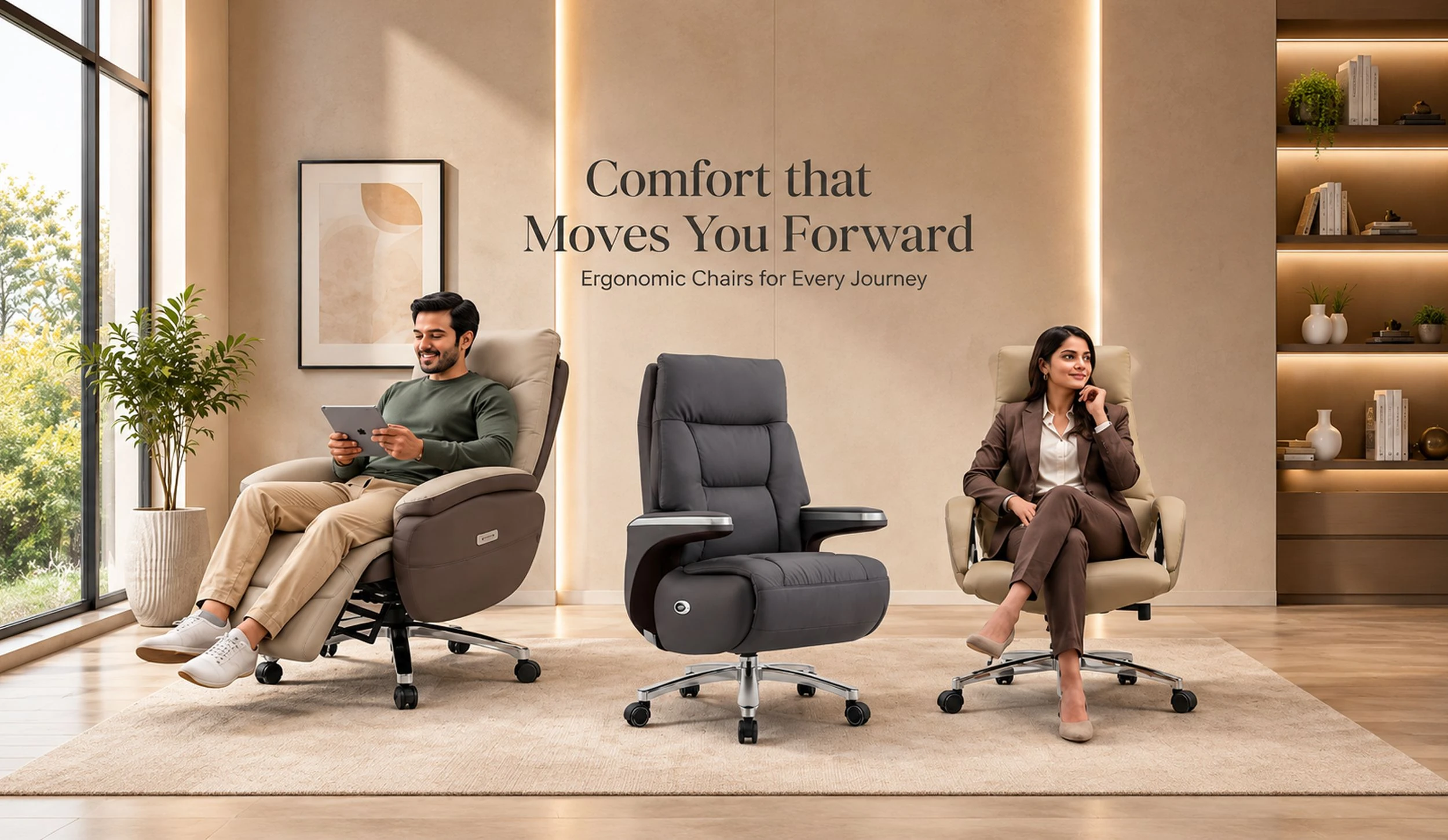 Two people in office chairs beside an empty executive chair