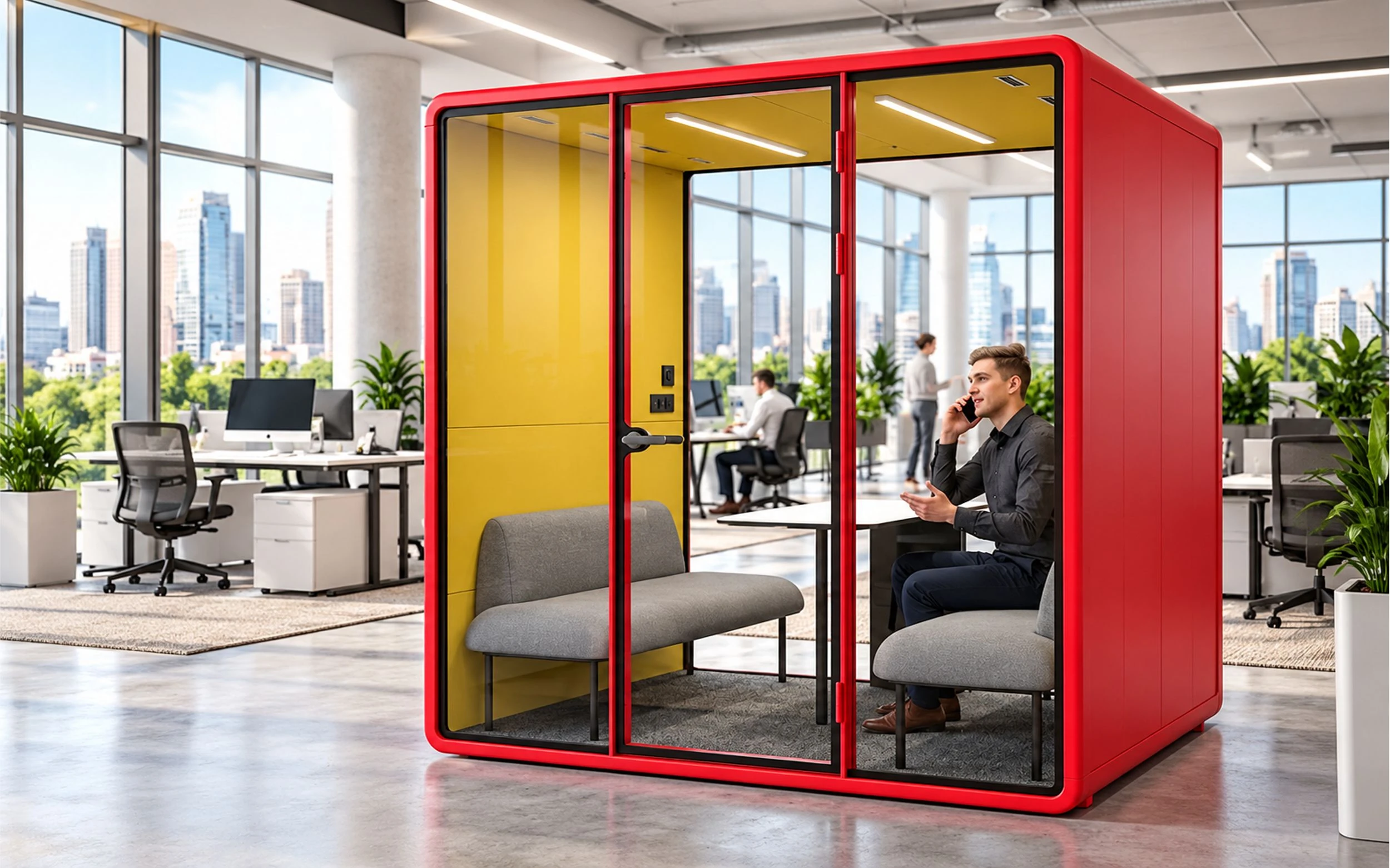 A phone booth in an open office, with someone on a call inside