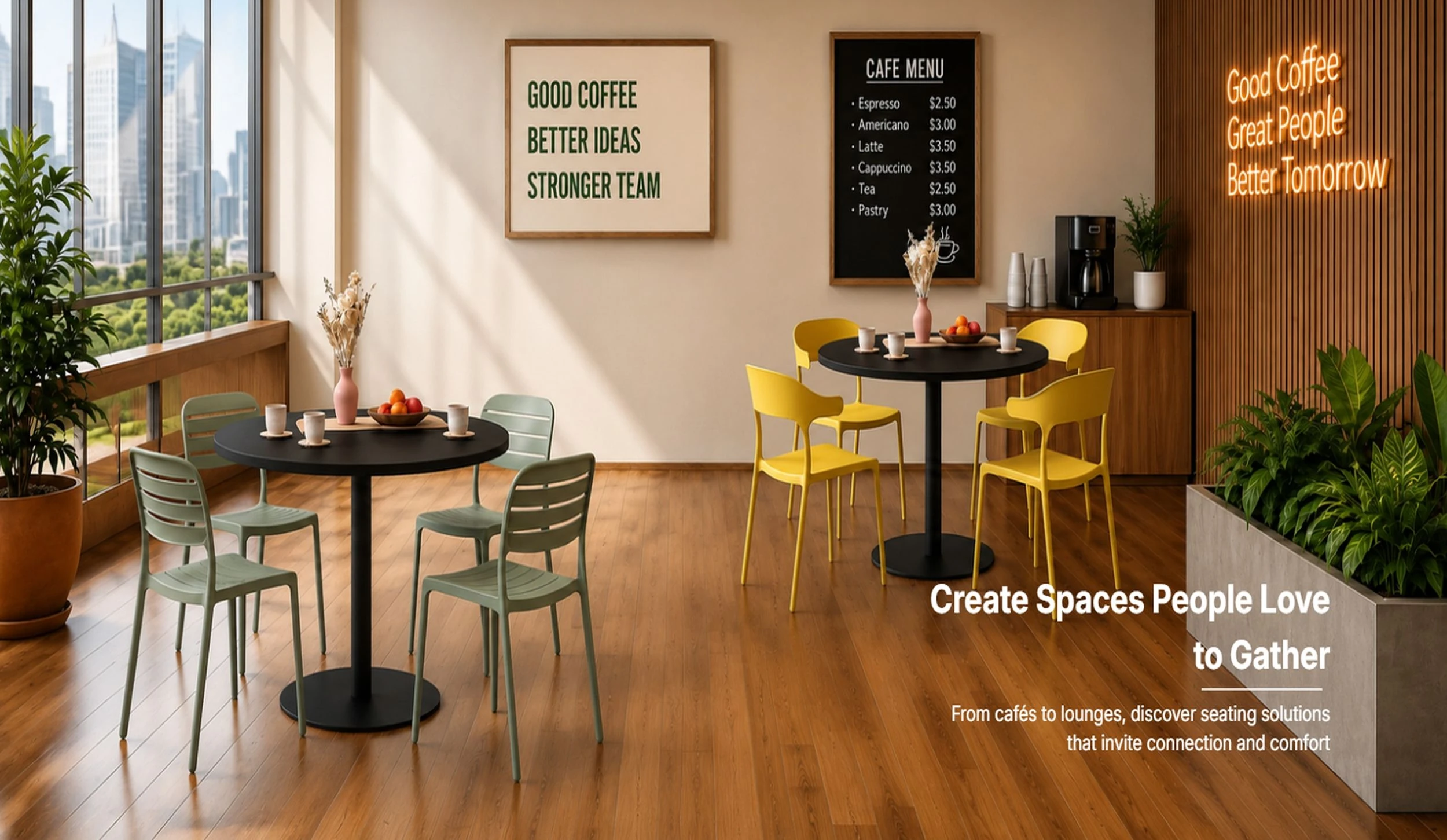 A café area with round tables and chairs