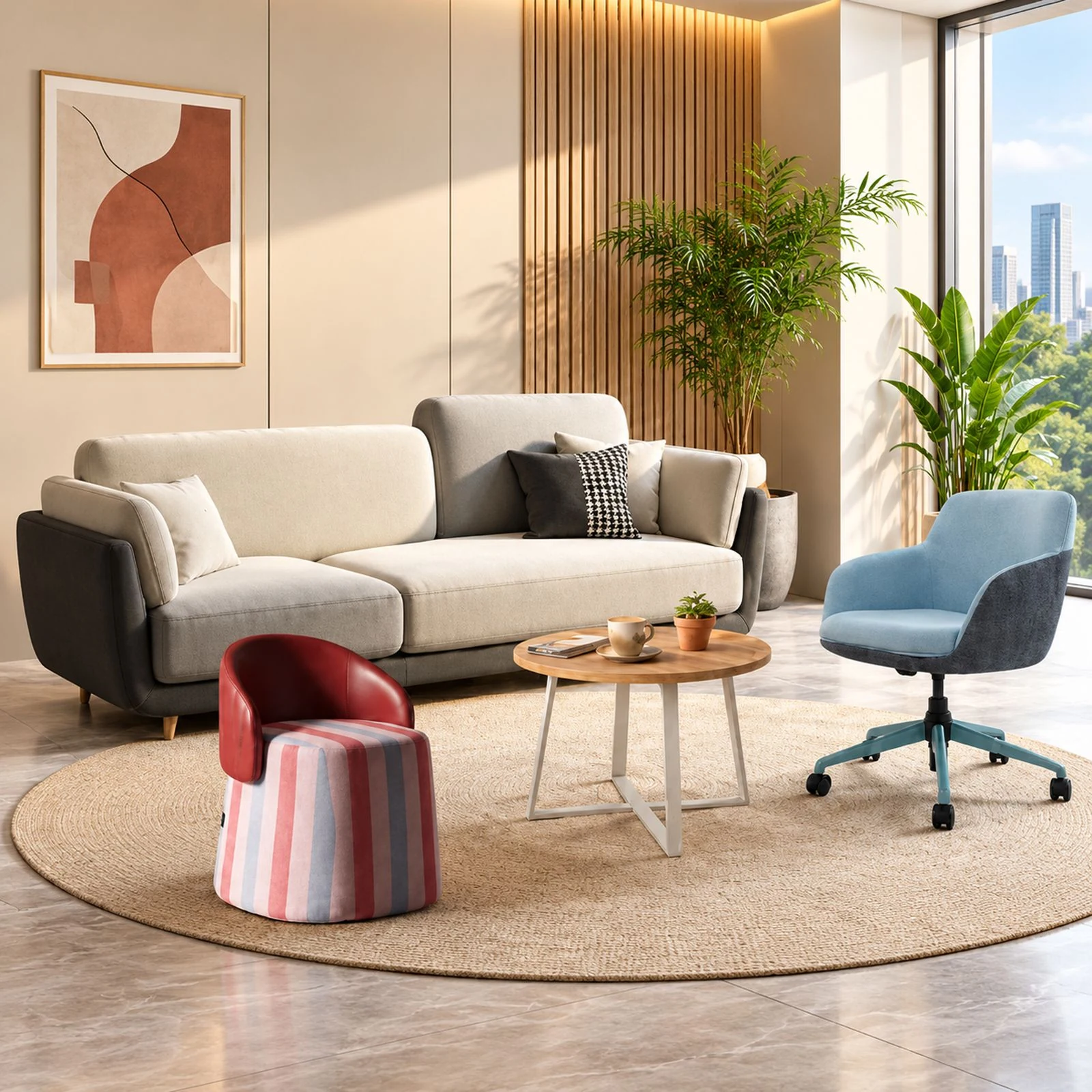 A breakout area with a sofa, an armchair, a pouffe and a round centre table