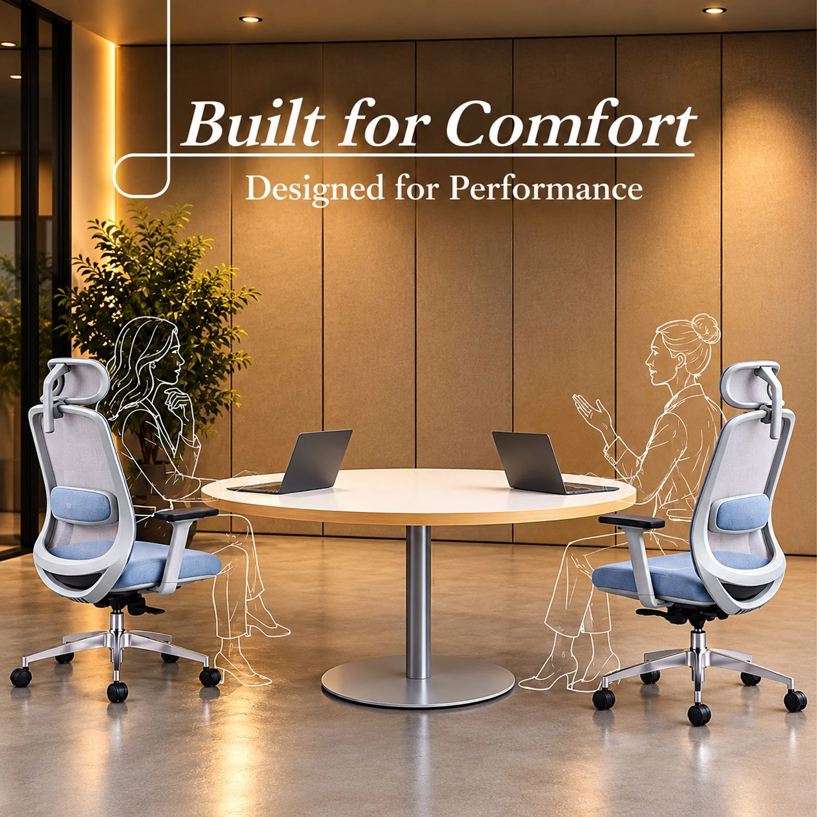 A round meeting table with two mesh chairs