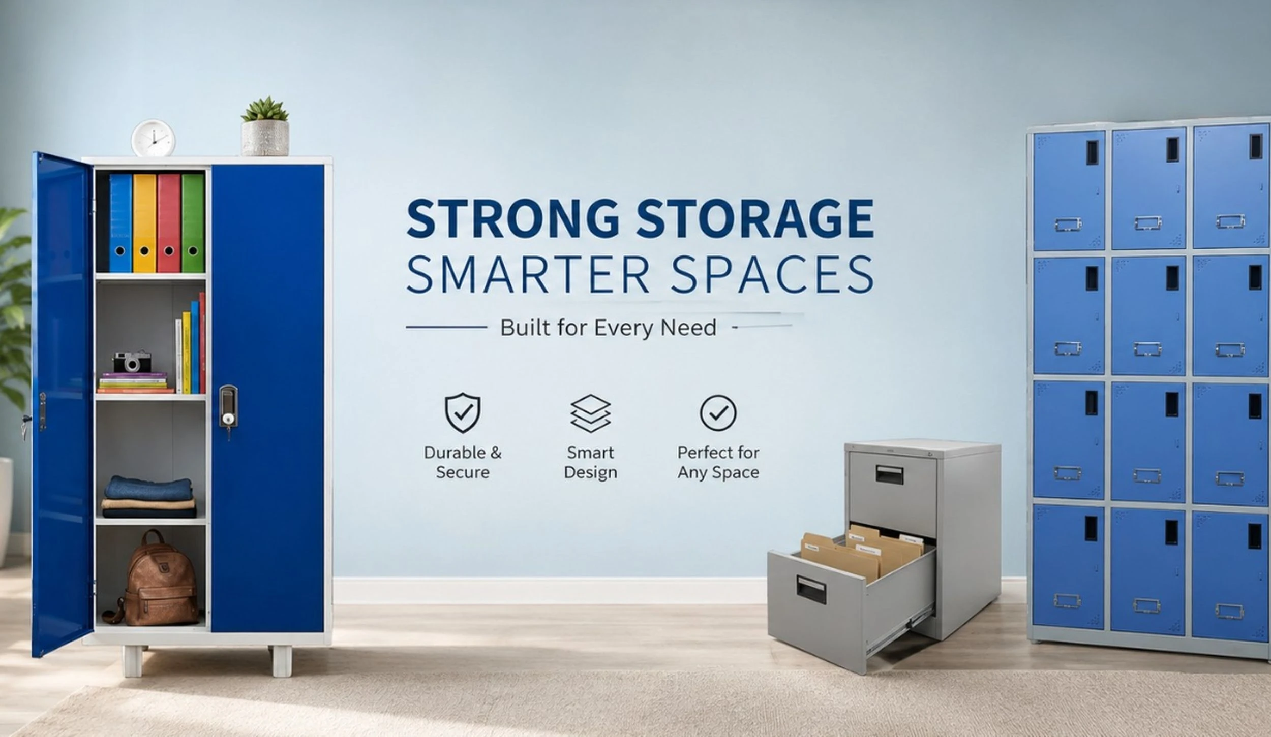 Steel cupboards, lockers and a filing cabinet