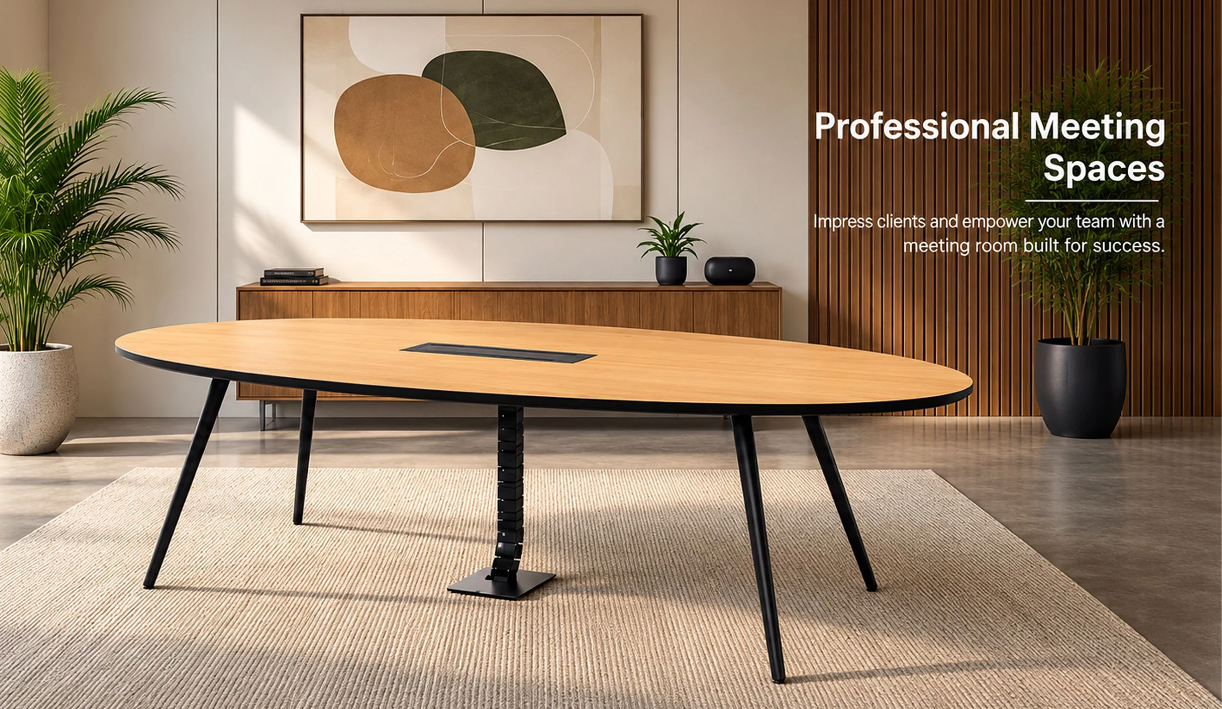 An oval meeting table in an office
