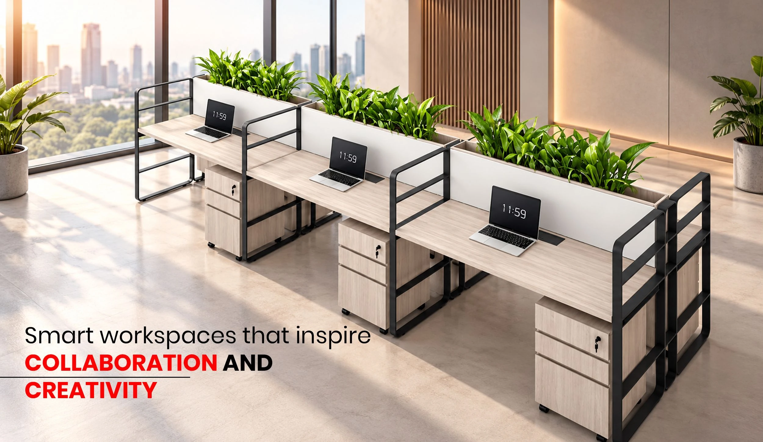 Workstations with planters and monitors in a sunlit office